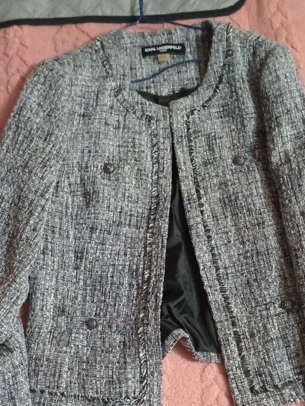 Karl Lagerfeld Gray Tweed Collarless Blazer - Picture 2 of 3